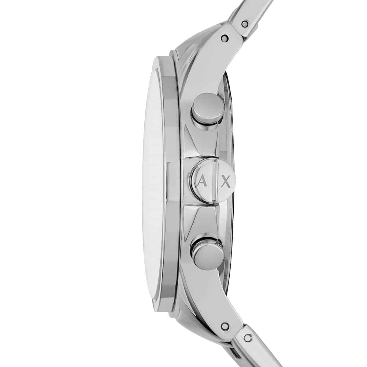 Side profile of Armani Exchange AX2510 watch showing stainless steel case and bracelet