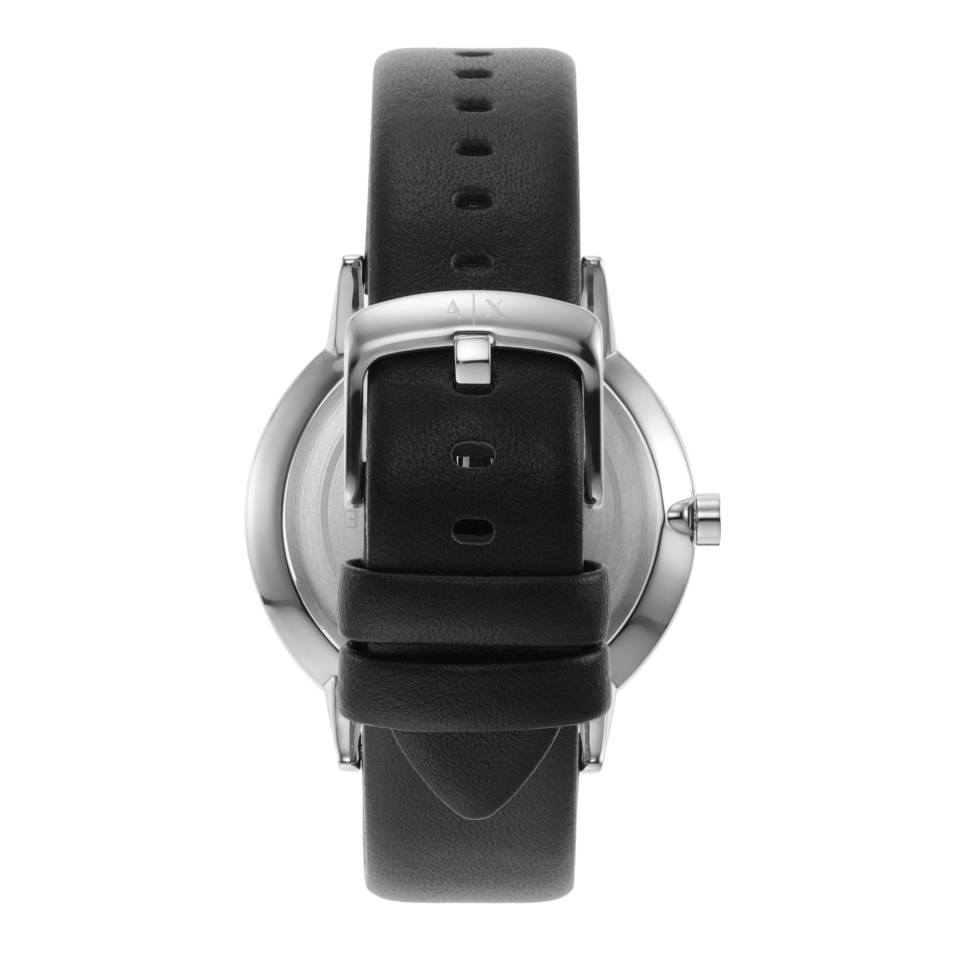 Back view of Armani Exchange Cayde watch showing case back and leather strap detail