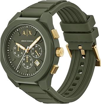 AX4169 watch angled view showing green silicone band with ribbed texture and chronograph subdials