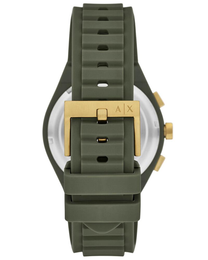 Armani Exchange AX4169 watch caseback revealing green silicone strap and gold-tone clasp