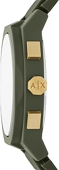 Side profile of AX4169 chronograph watch showing thickness and green case with gold accents