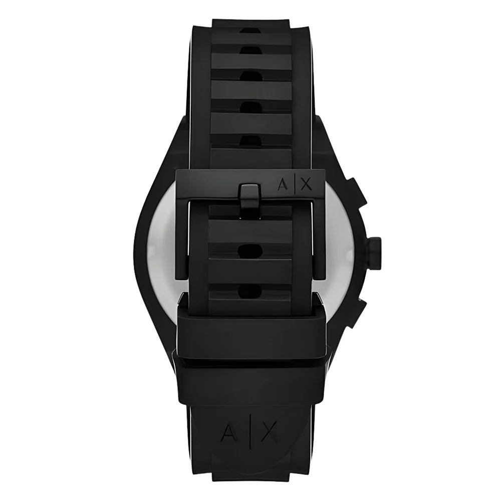 Armani Exchange Rafael AX7165 watch caseback showing black silicone strap detail
