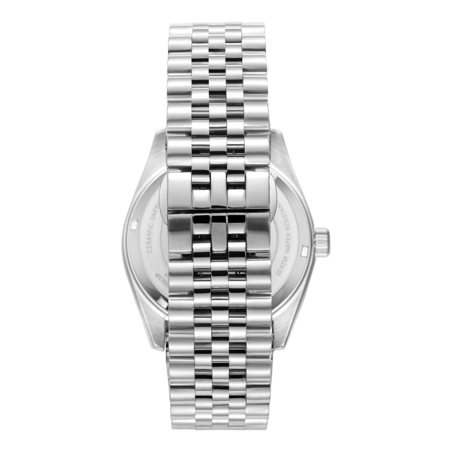 Caseback view of silver stainless steel bracelet on Beverly Hills Polo Club watch