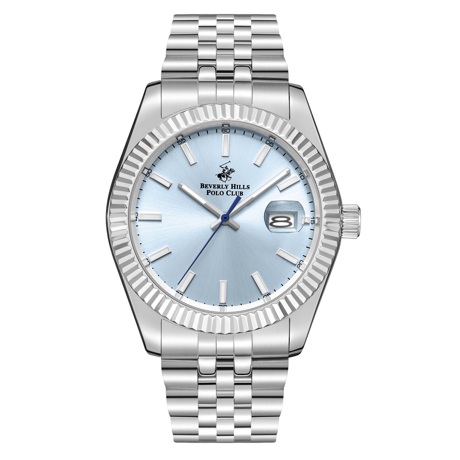 Beverly Hills Polo Club silver stainless steel watch with sky blue dial and date window