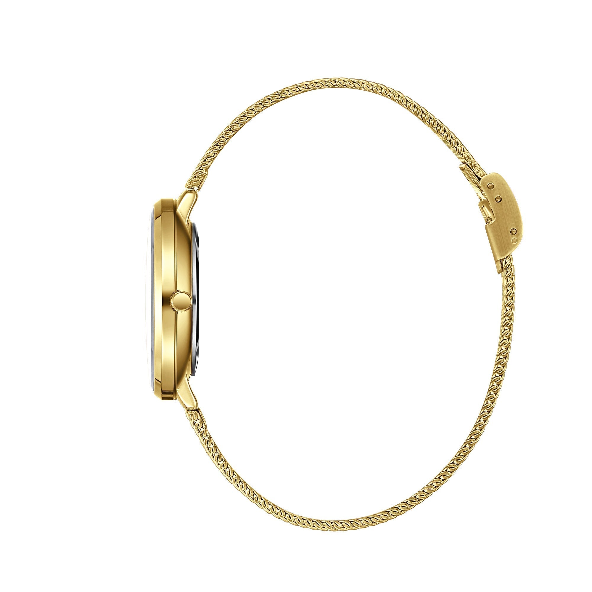 Side profile view of Beverly Hills Polo Club gold mesh watch BP3312X.130