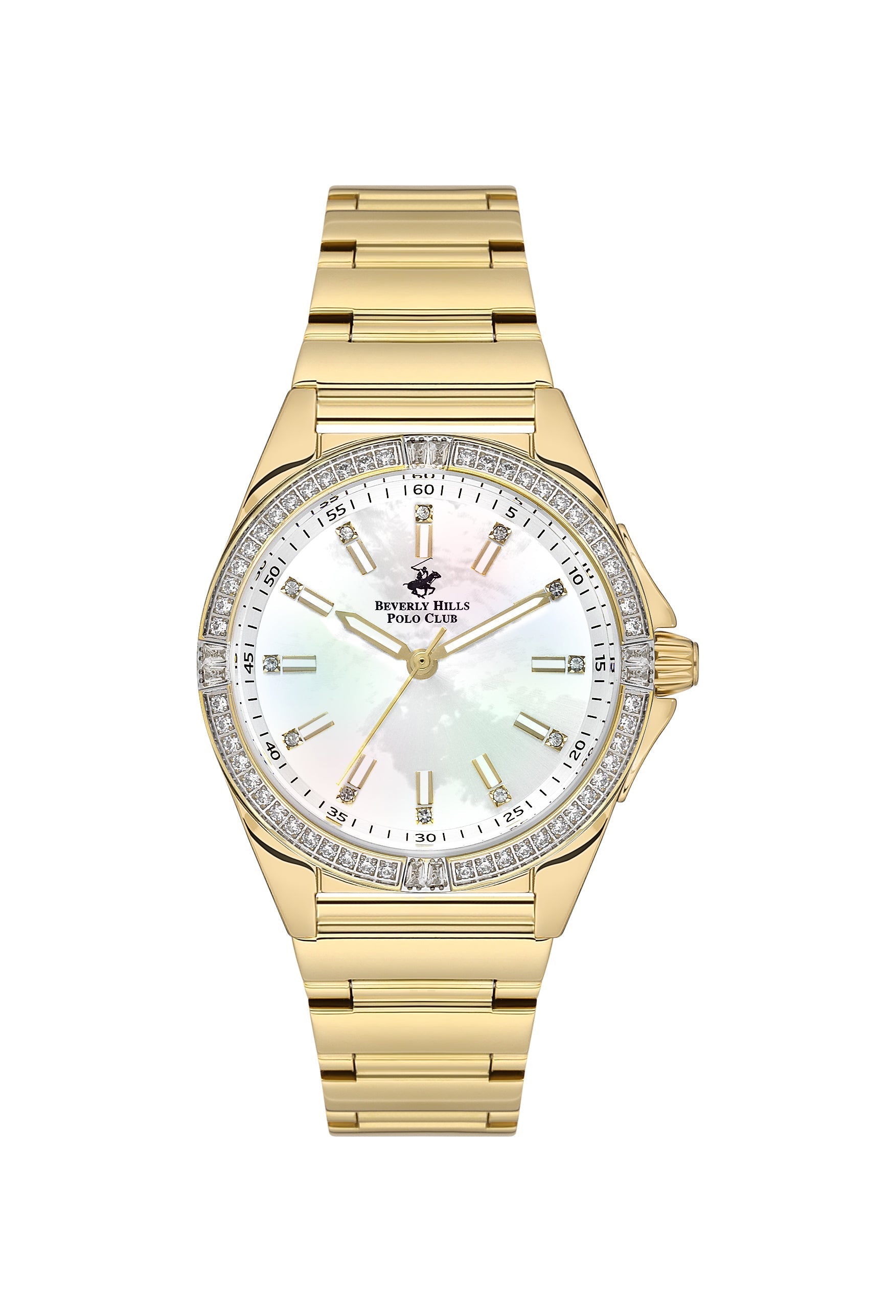 Beverly Hills Polo Club gold watch with mother-of-pearl dial and diamond bezel