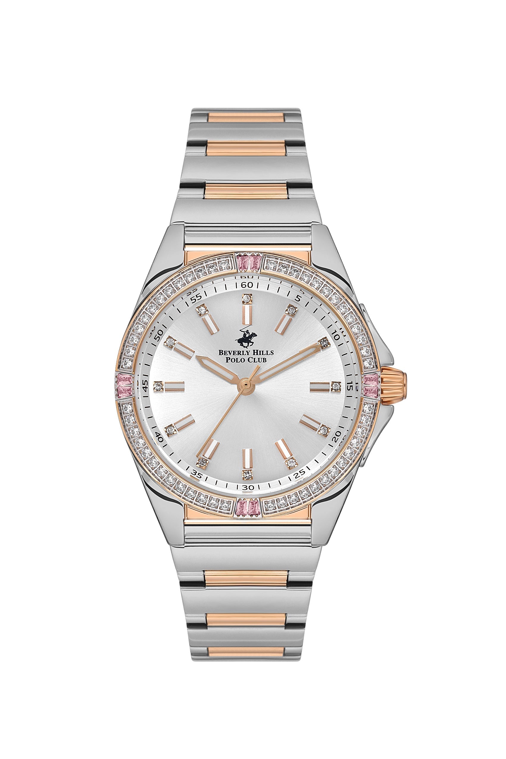 Beverly Hills Polo Club women's two-tone stainless steel quartz watch with diamond bezel and silver dial
