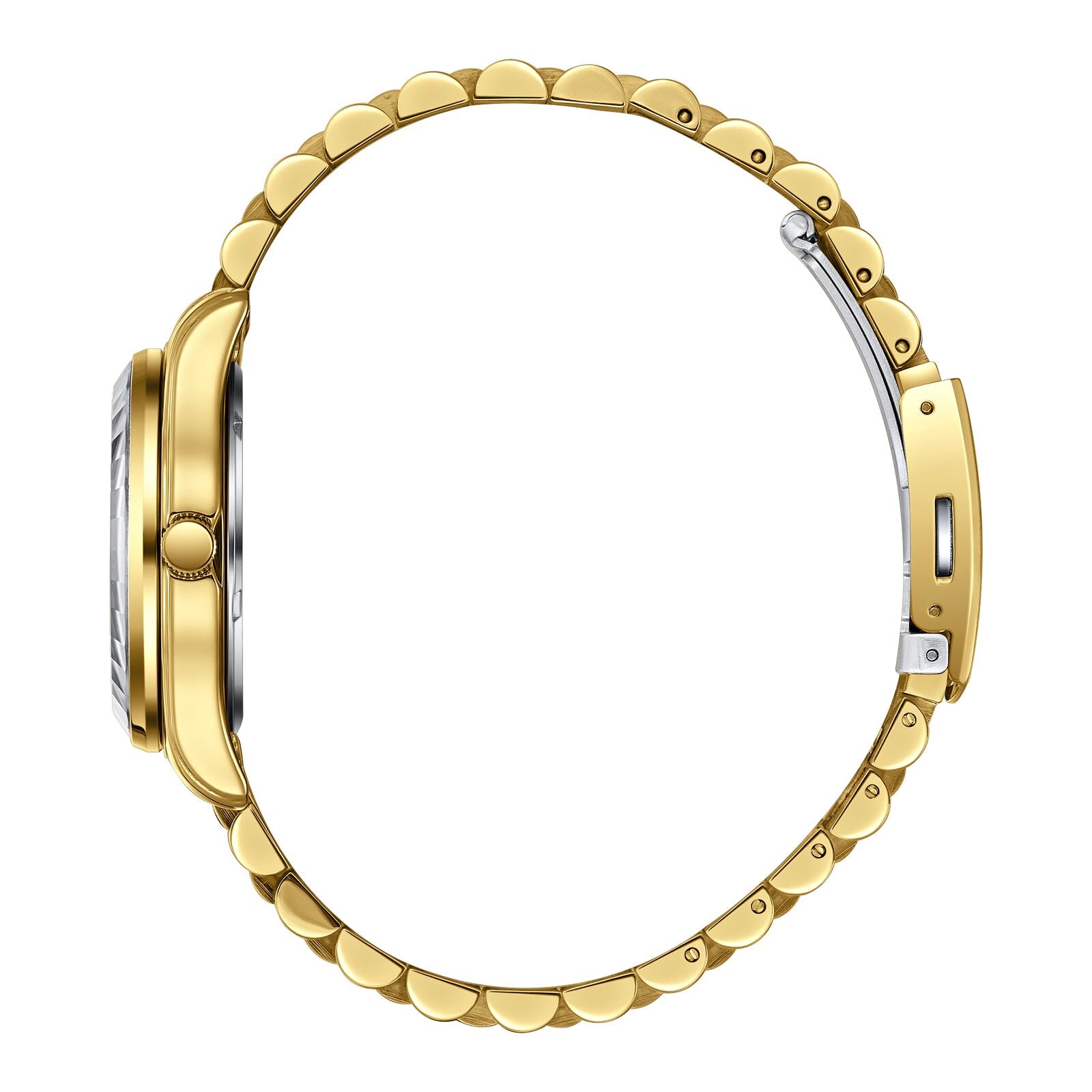 Side view of Beverly Hills Polo Club gold watch showing case profile and scalloped bracelet links