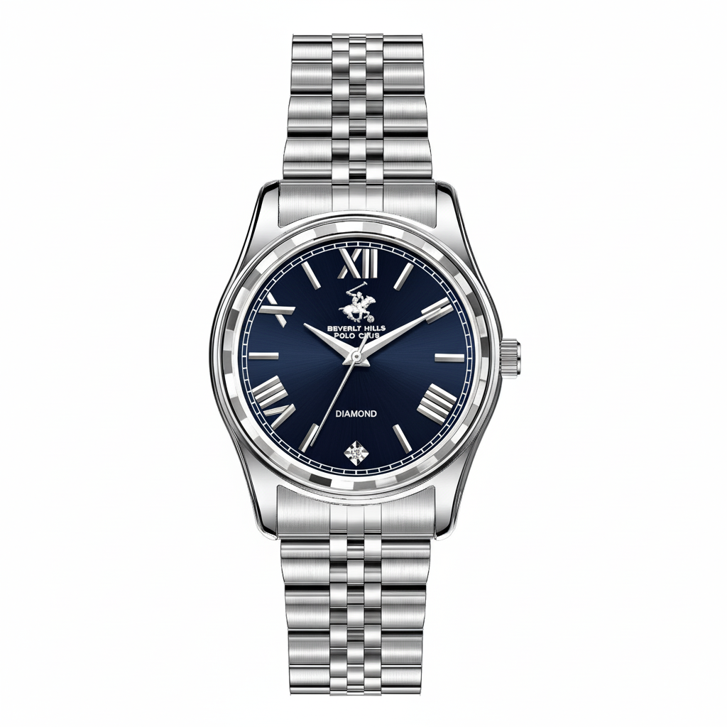 Beverly Hills Polo Club BP3808C.390 silver watch with blue dial, diamond markers and Roman numeral indices