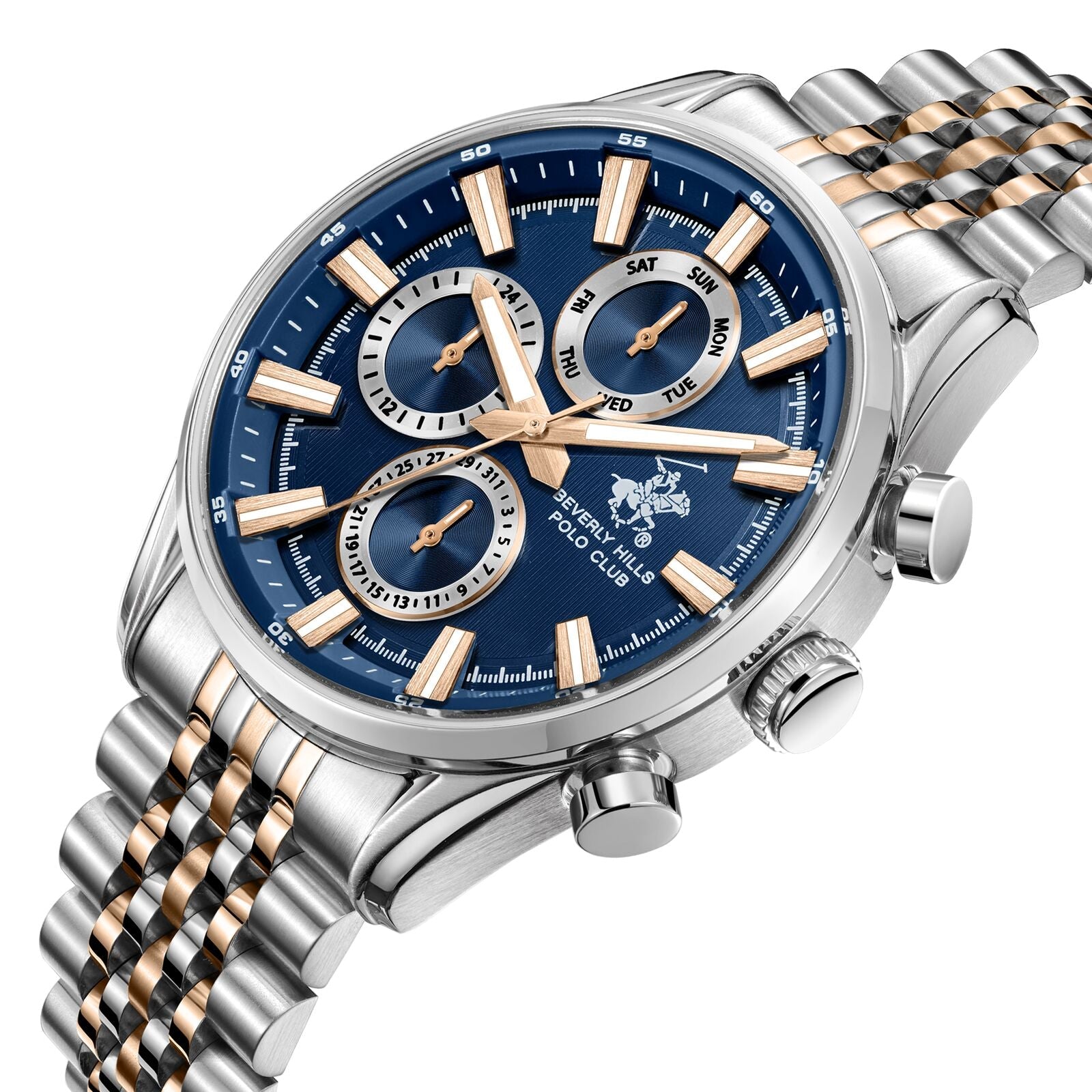 Beverly Hills Polo Club BP3823X.590 chronograph watch with two-tone bracelet and blue dial at angle
