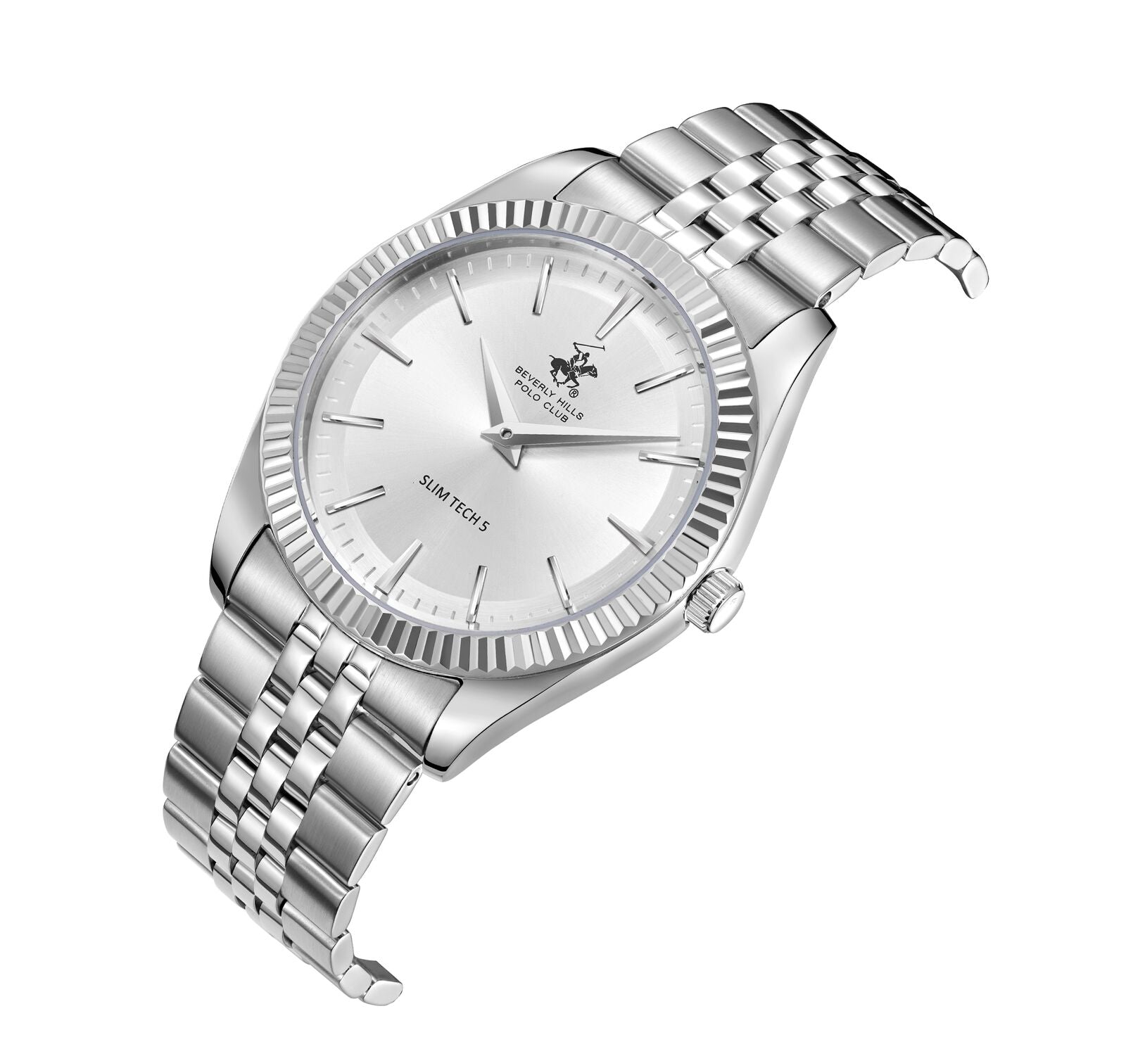 Angled view of Slim Tech 5 watch with silver bracelet and white dial