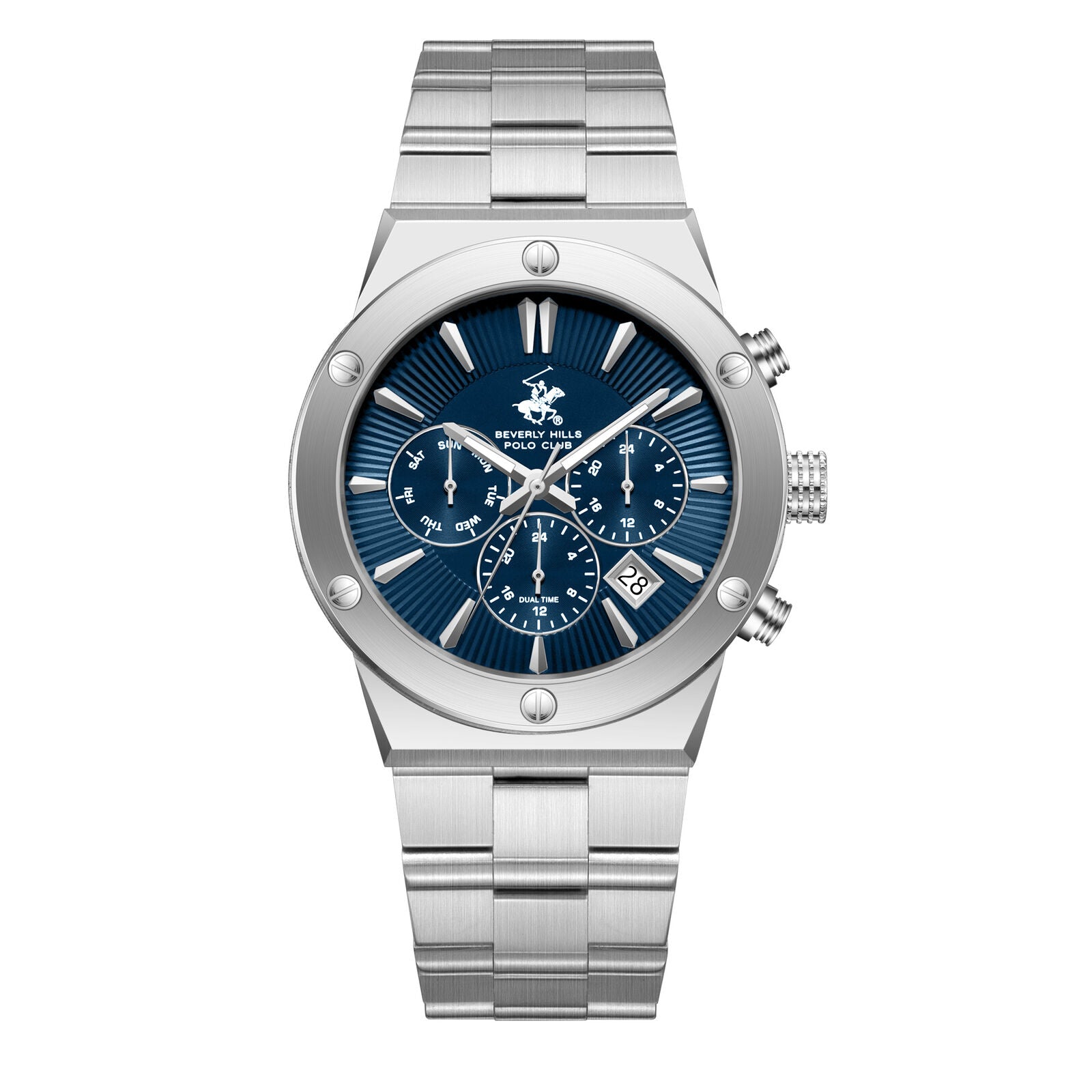 Beverly Hills Polo Club BP3871X silver dual time watch with blue dial and chronograph