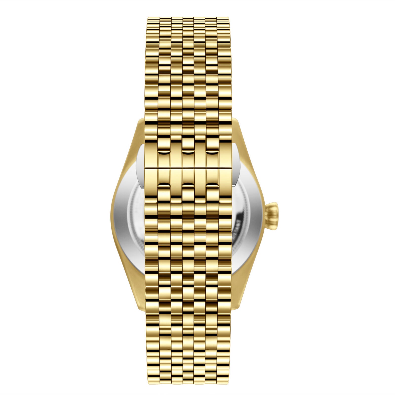 Side profile of Beverly Hills Polo Club gold watch with link bracelet