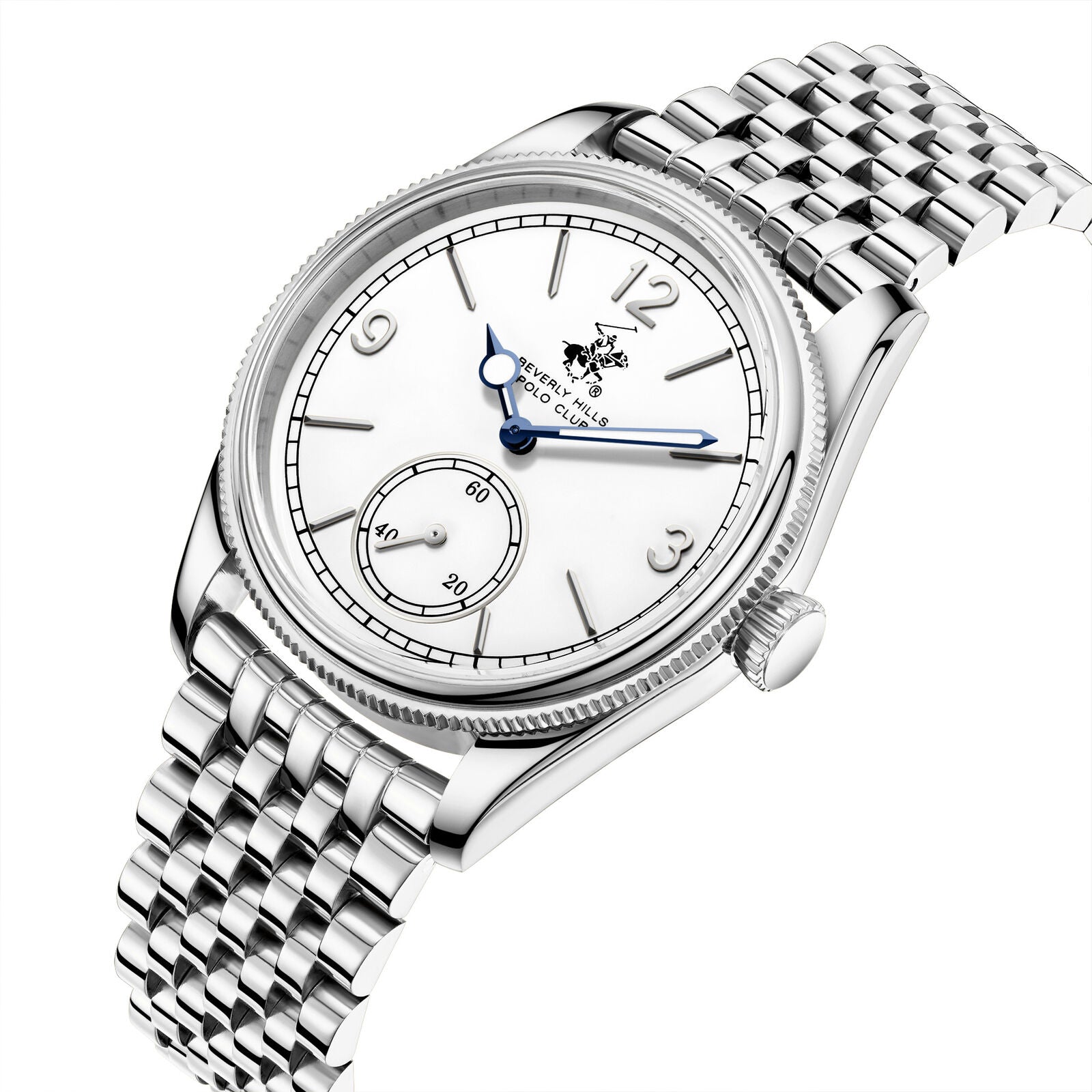 Beverly Hills Polo Club BP3890X.330 angled view showing silver bracelet and white dial with blue hands