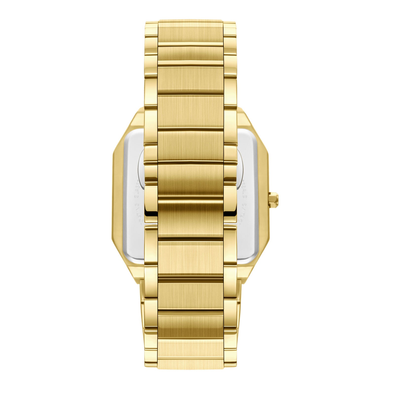 Gold link bracelet detail showing brushed finish and secure clasp