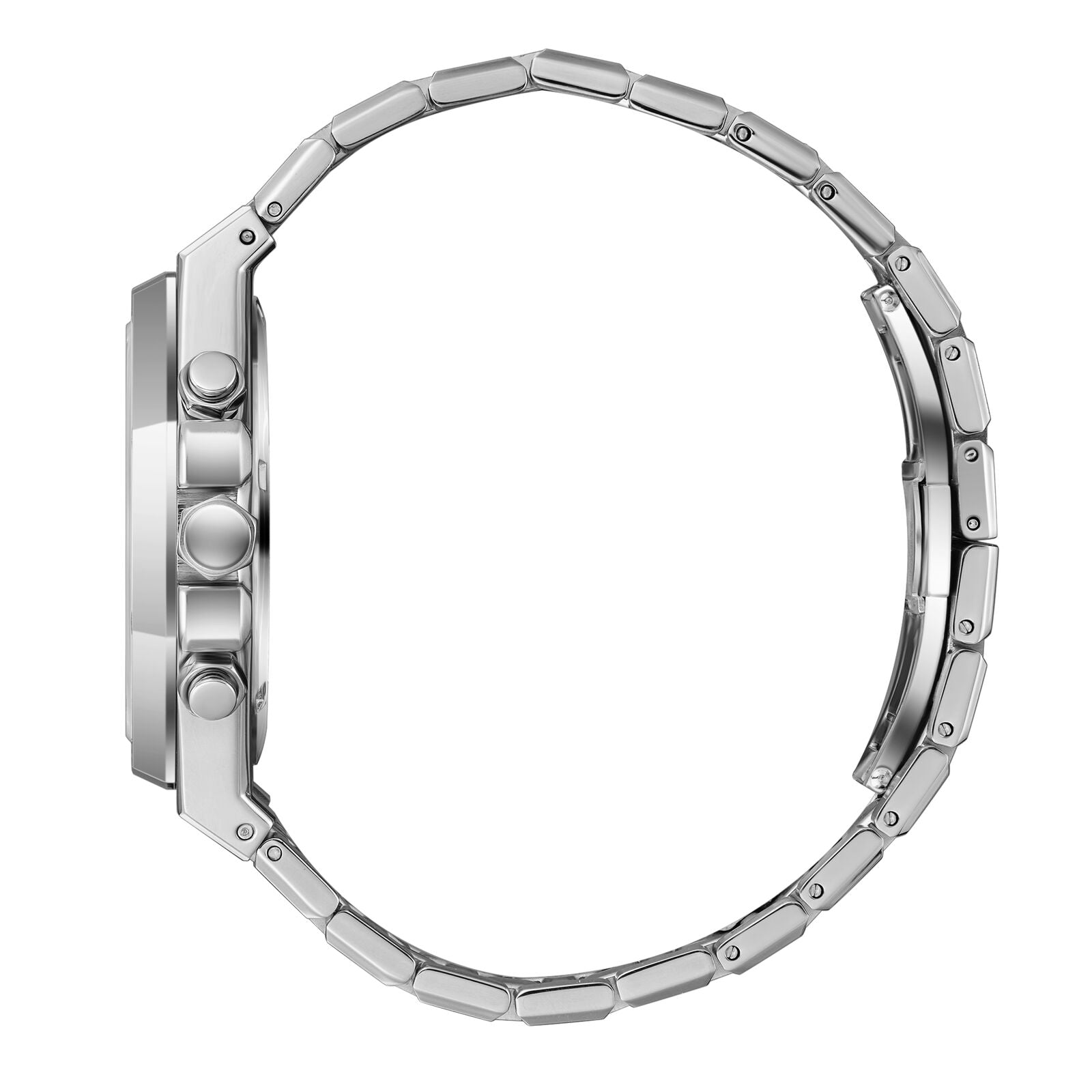 Beverly Hills Polo Club BP3051X.391 watch shown from the side with silver metal bracelet and pushers visible