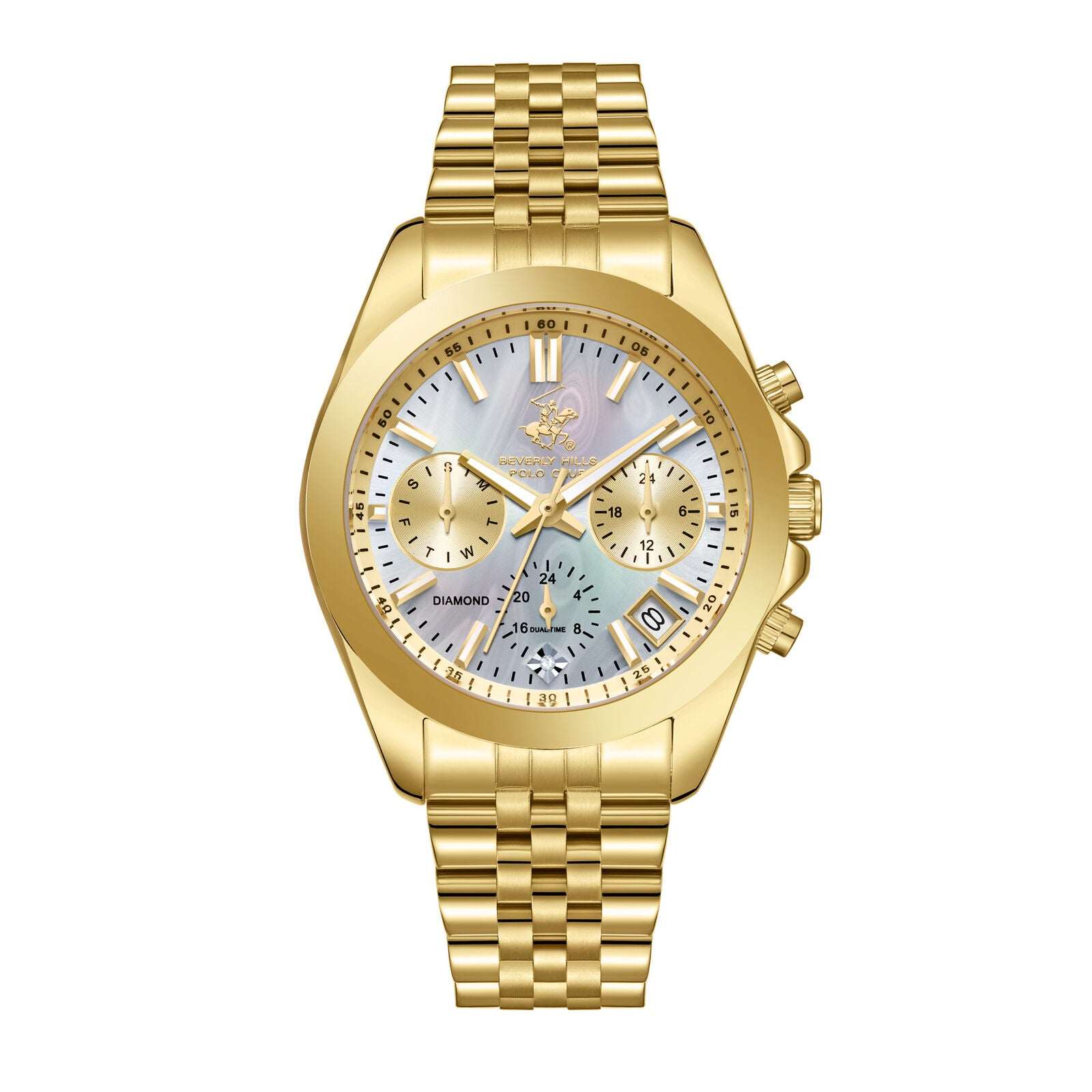 Beverly Hills Polo Club gold chronograph watch with mother-of-pearl dial and diamond hour markers