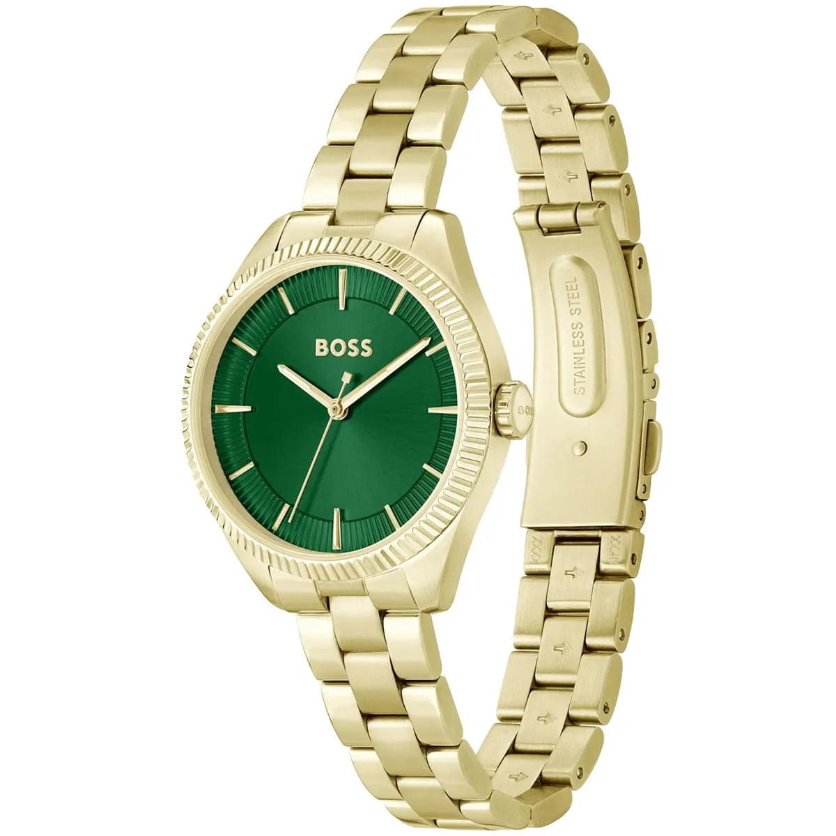 BOSS women's watch angled view showing gold steel bracelet and green dial with bezel detail