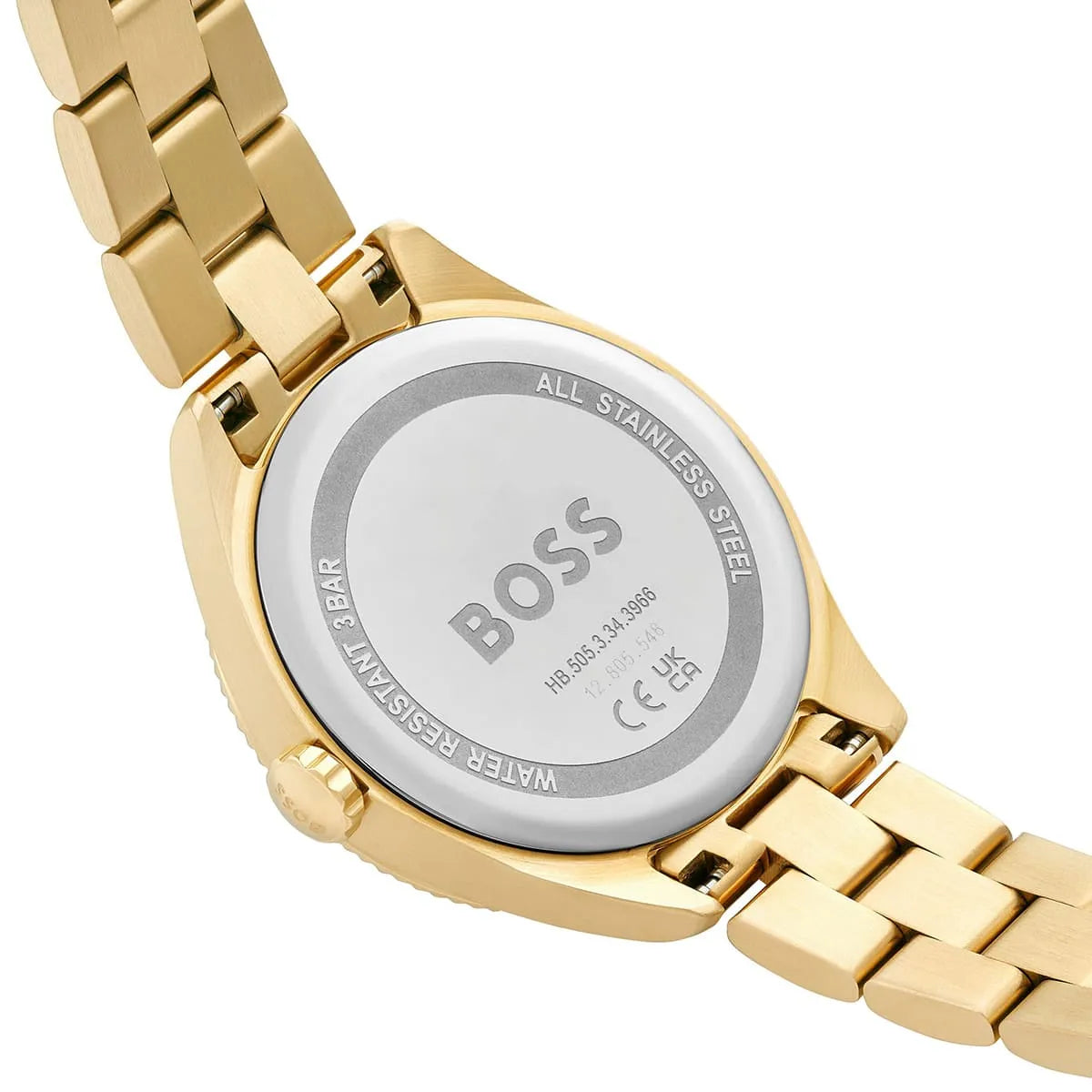 BOSS watch caseback detail showing engraved text on stainless steel back
