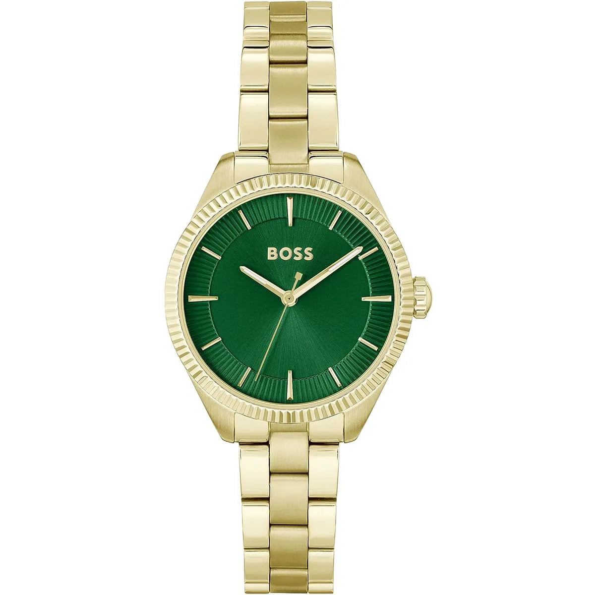 BOSS women's watch featuring gold steel case, green sunburst dial with hour markers