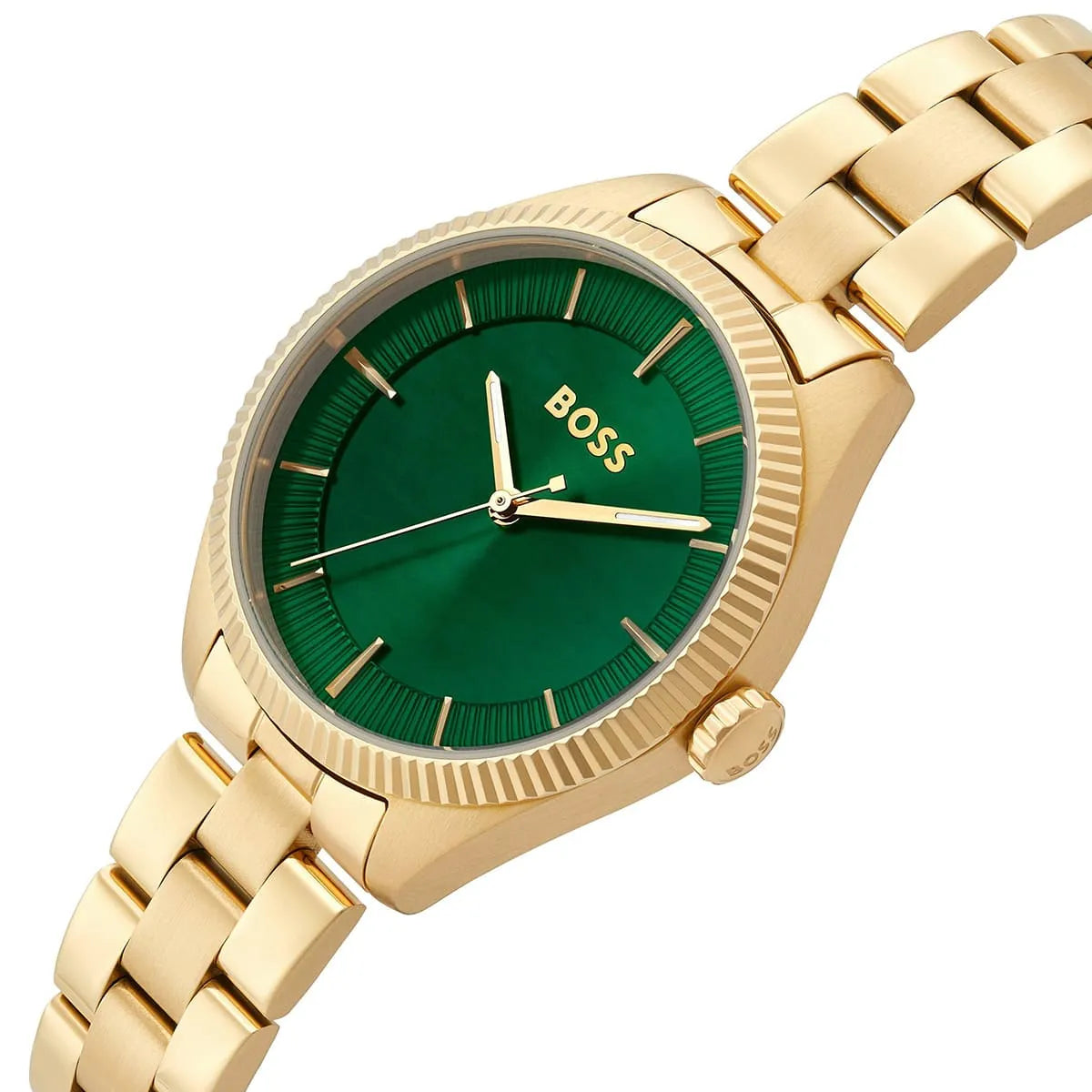 BOSS women's watch side view with gold steel case, green dial, and textured bezel