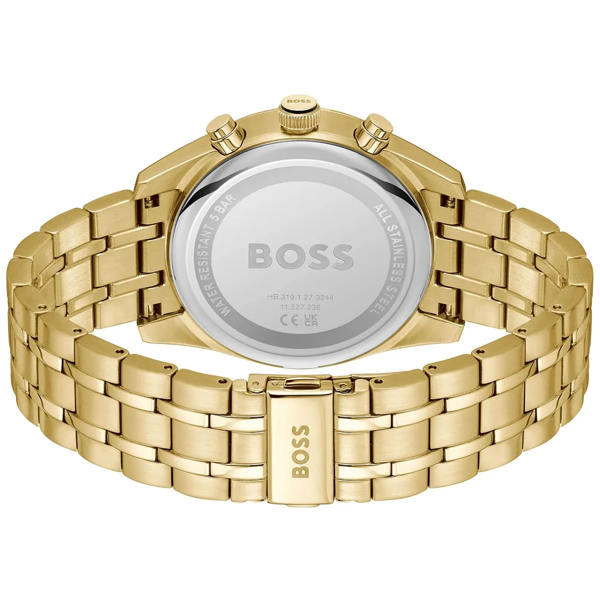 BOSS Ambassador watch caseback showing BOSS logo and engraved text on stainless steel