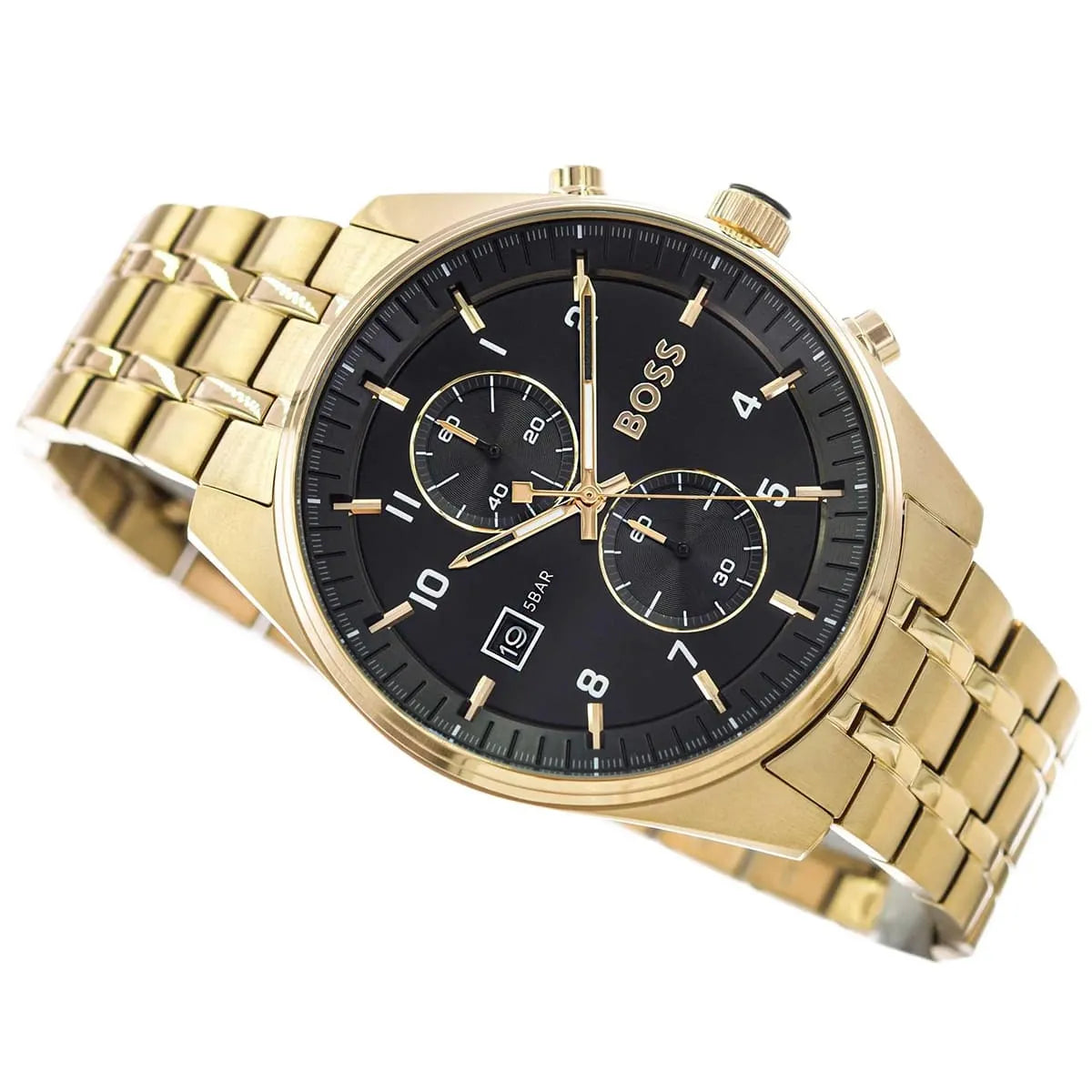 BOSS Ambassador chronograph watch shown on wrist at three-quarter angle with gold bracelet
