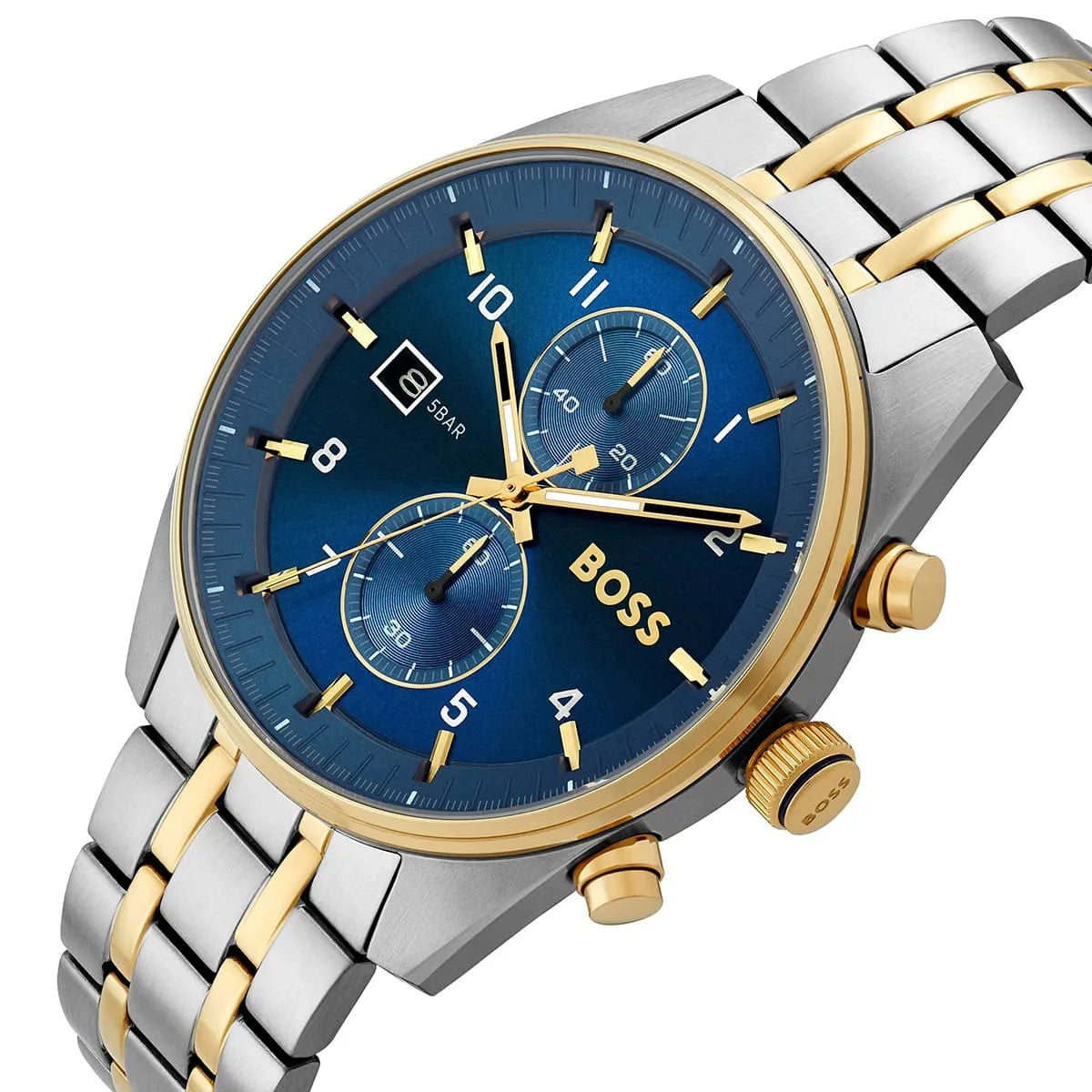 Hugo BOSS Skytraveller chronograph watch angle view with blue dial and gold-tone bezel