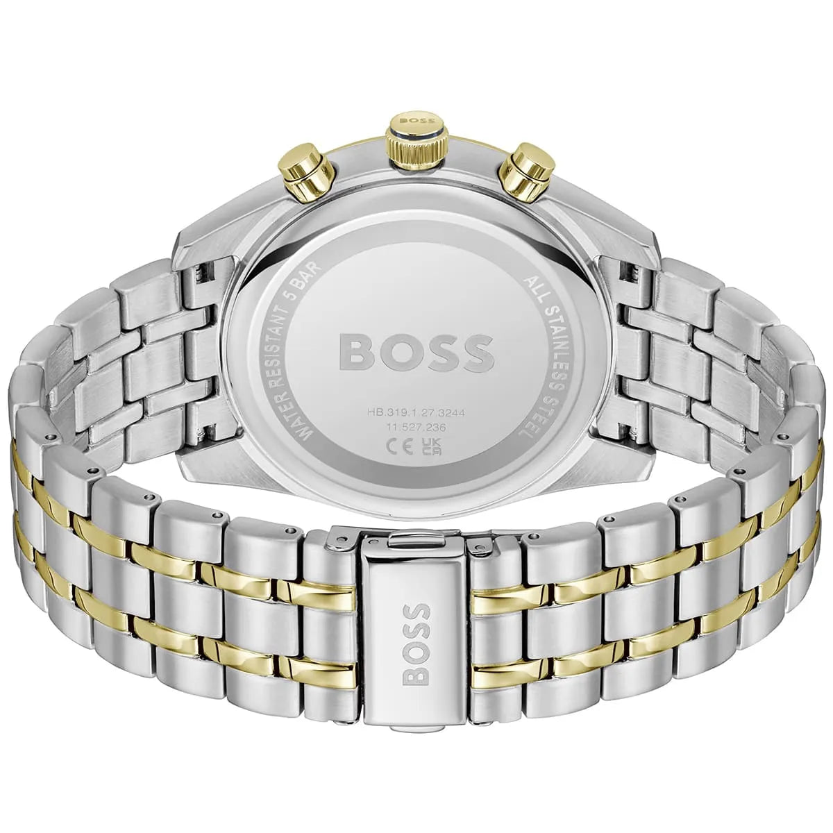Hugo BOSS Skytraveller watch caseback with stainless steel two-tone bracelet visible