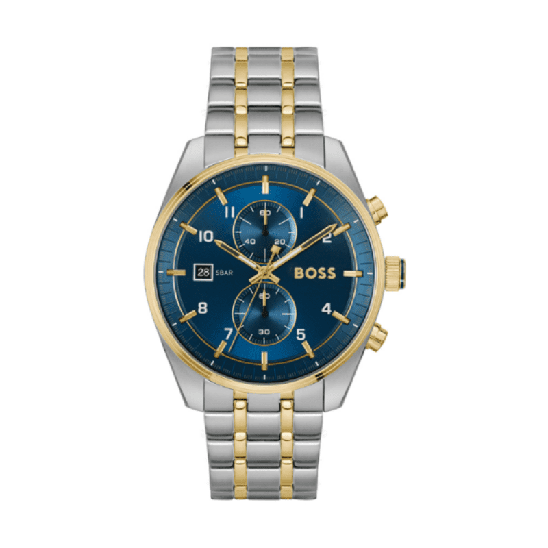 Hugo BOSS Skytraveller chronograph men's watch with blue dial and two-tone bracelet