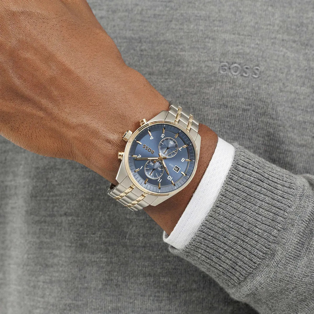Hugo BOSS Skytraveller chronograph watch worn on wrist with blue dial visible