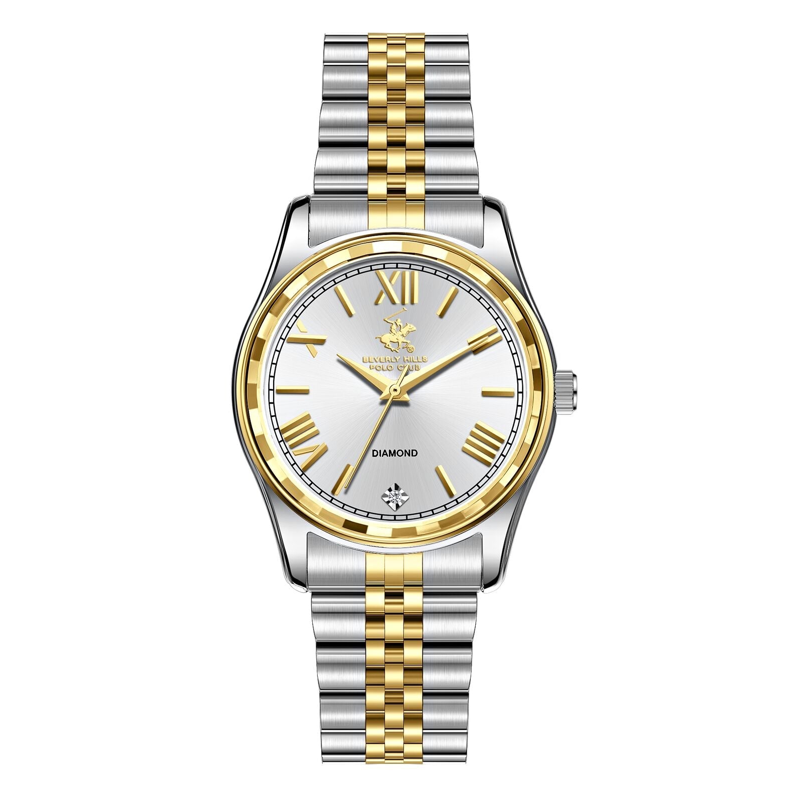 Beverly Hills Polo Club two-tone diamond watch with white dial and Roman numerals