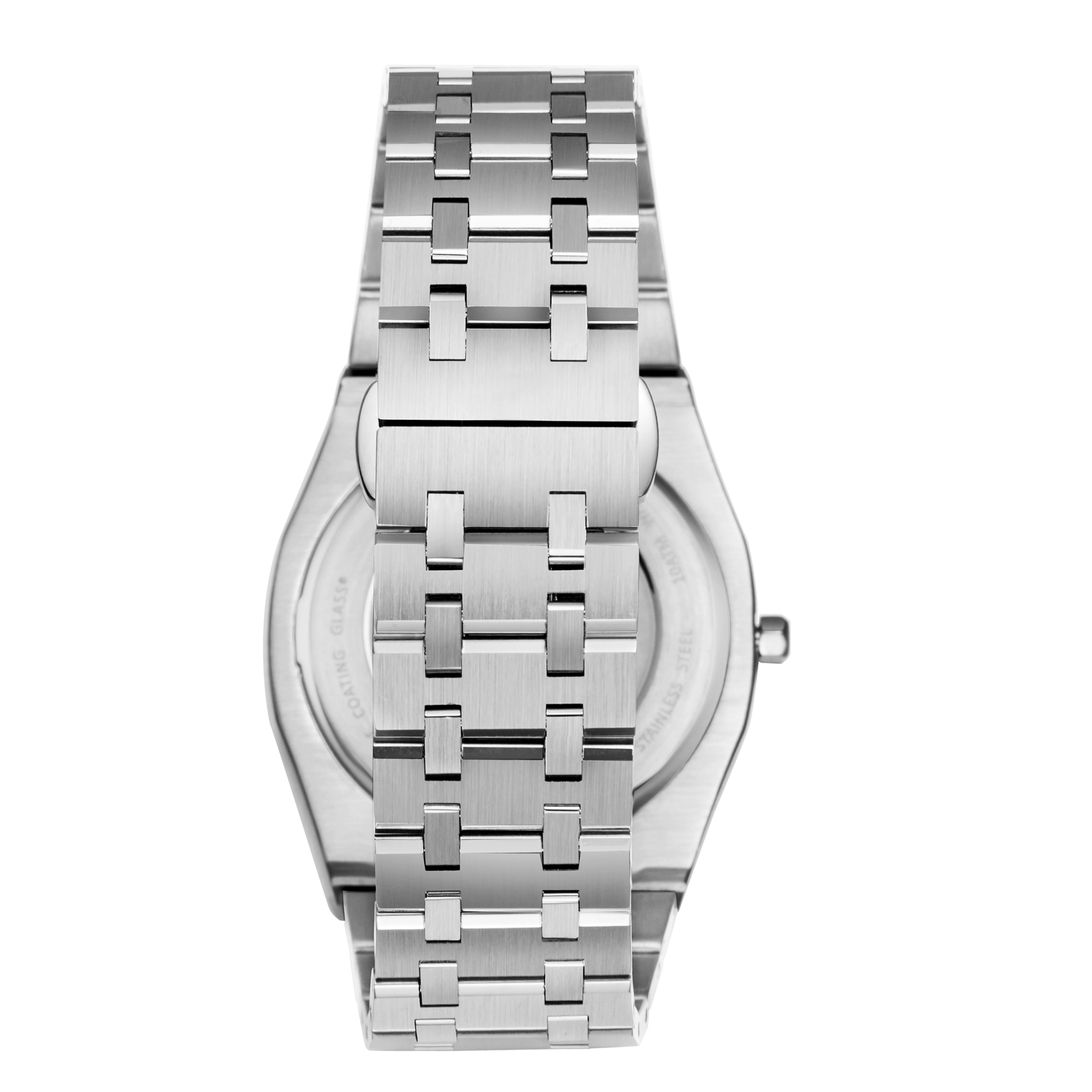 Slim Tech 5 watch case back showing silver tonneau case and link bracelet