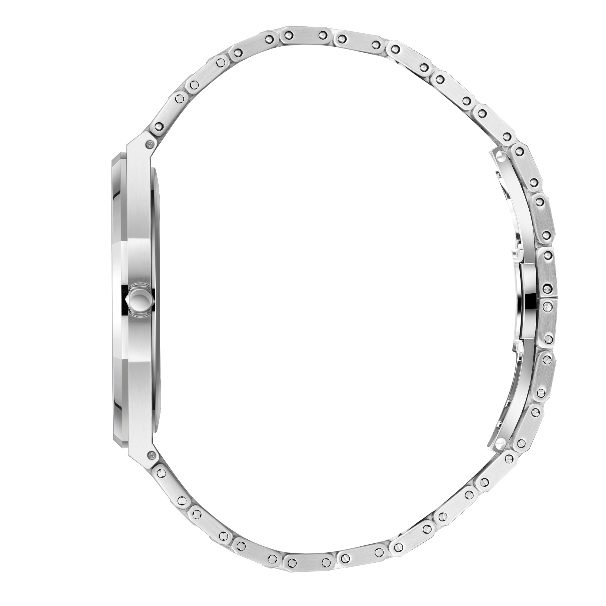Slim Tech 5 watch side profile with silver tonneau case and link bracelet