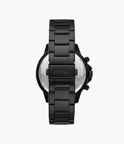 Case back of Fossil Grant Sport watch showing black stainless steel construction and Fossil branding