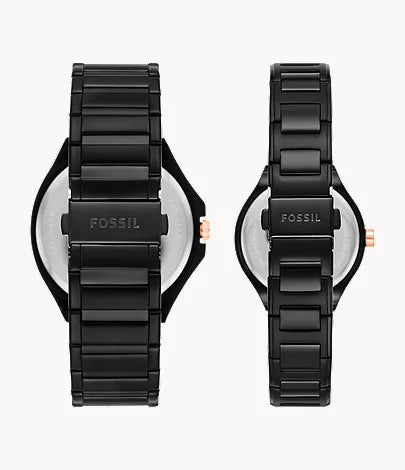 Back view of his and her watches showing black stainless steel link bracelets and Fossil branding