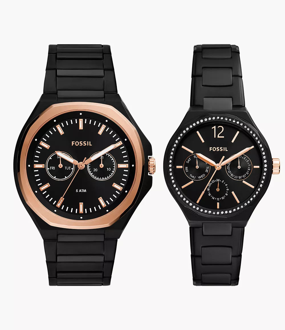His and her watch pair with black stainless steel bands and multifunction dials with rose gold bezels