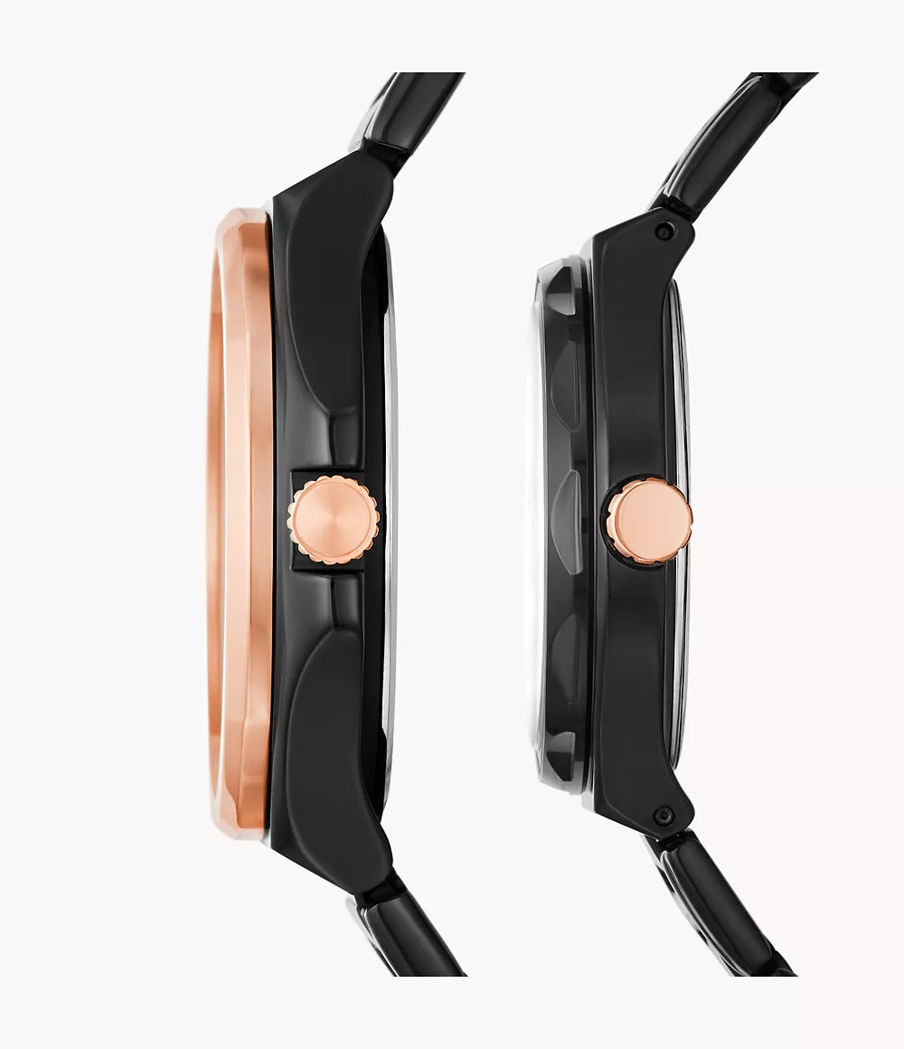 Side profile of his and her watches displaying case thickness and rose gold crown details