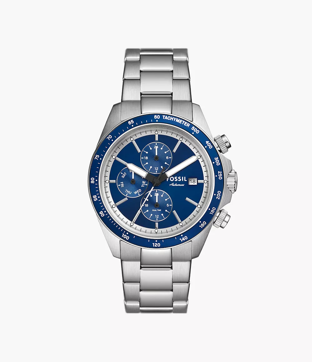 Fossil Autocross chronograph watch with blue dial and stainless steel bracelet