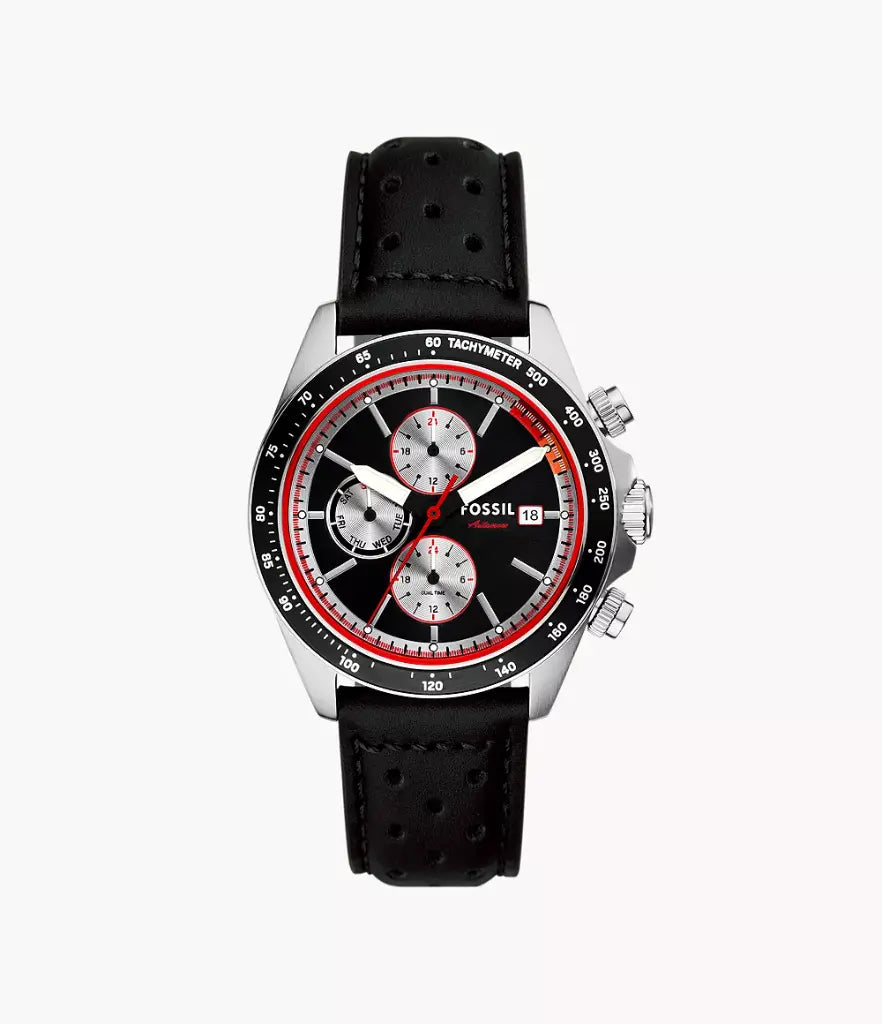 Fossil Autocross BQ2888 chronograph watch with black dial, red bezel, white subdials, and black leather strap