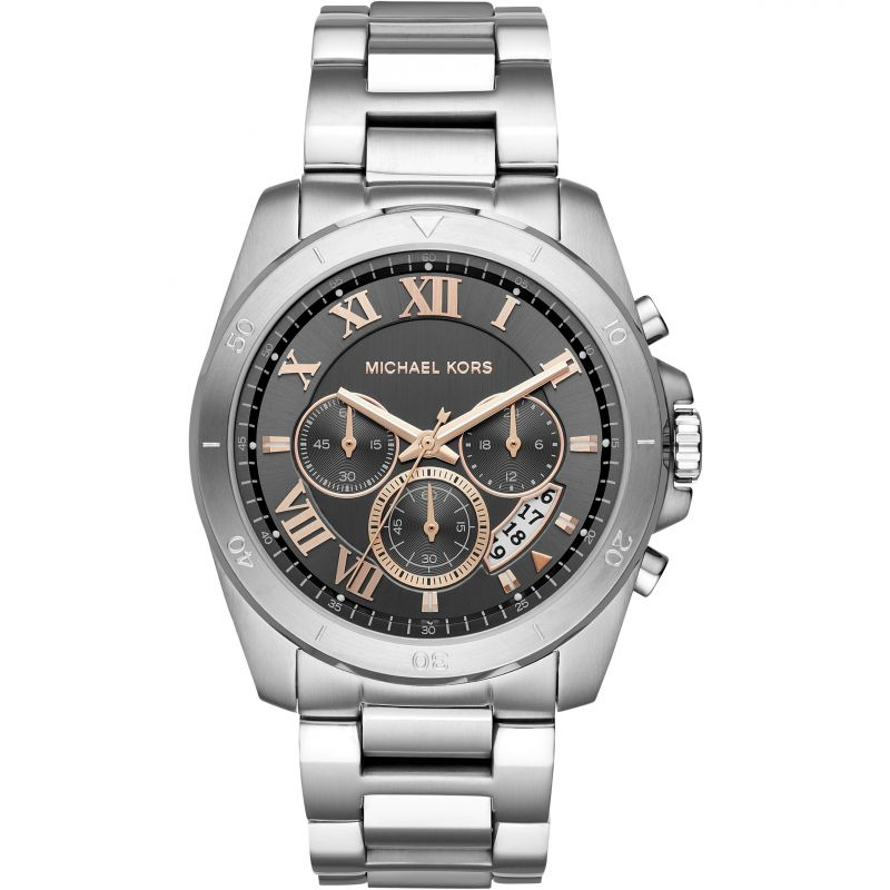 Oversized Brecken silver-tone chronograph watch with black dial and rose gold accents