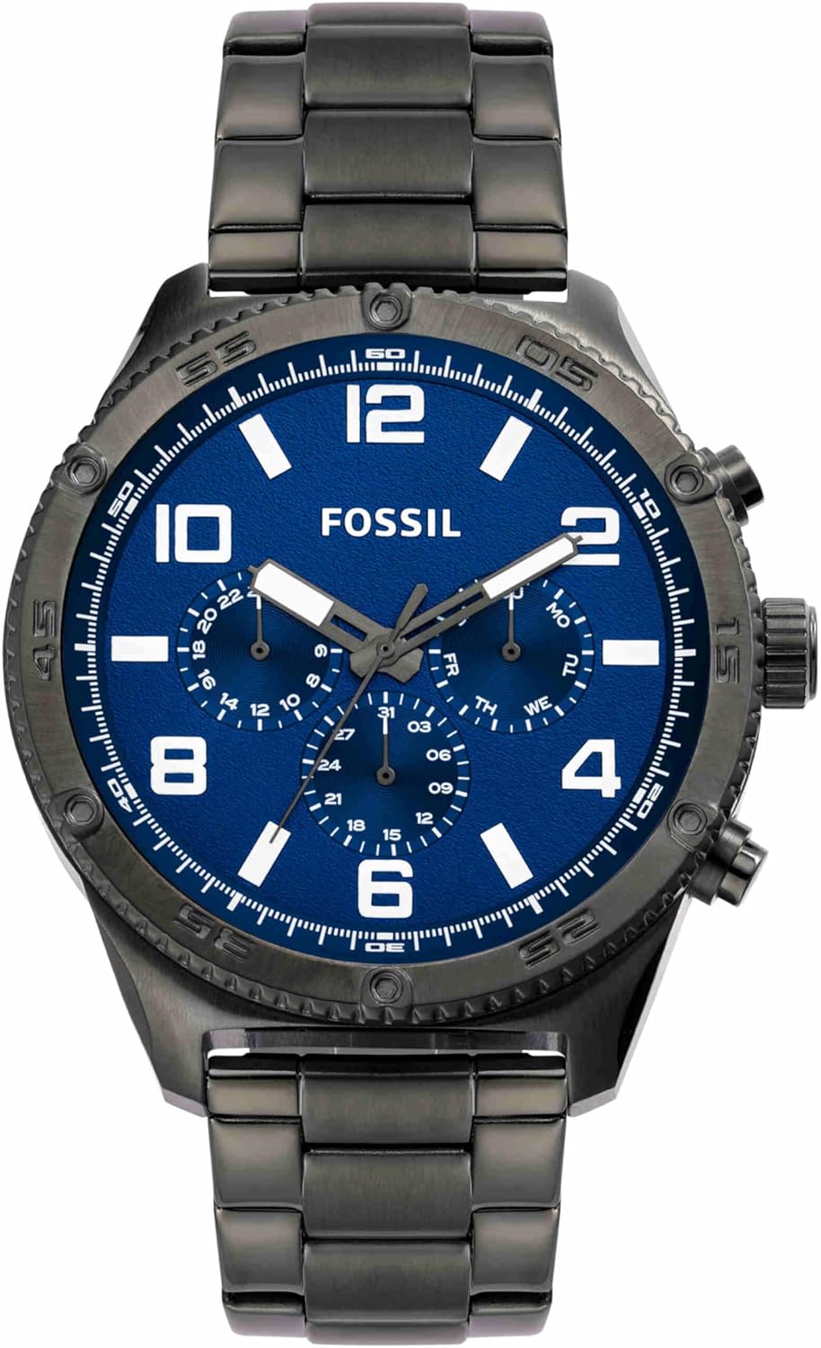 Fossil Brox multifunction chronograph watch with blue dial and smoke stainless steel bracelet