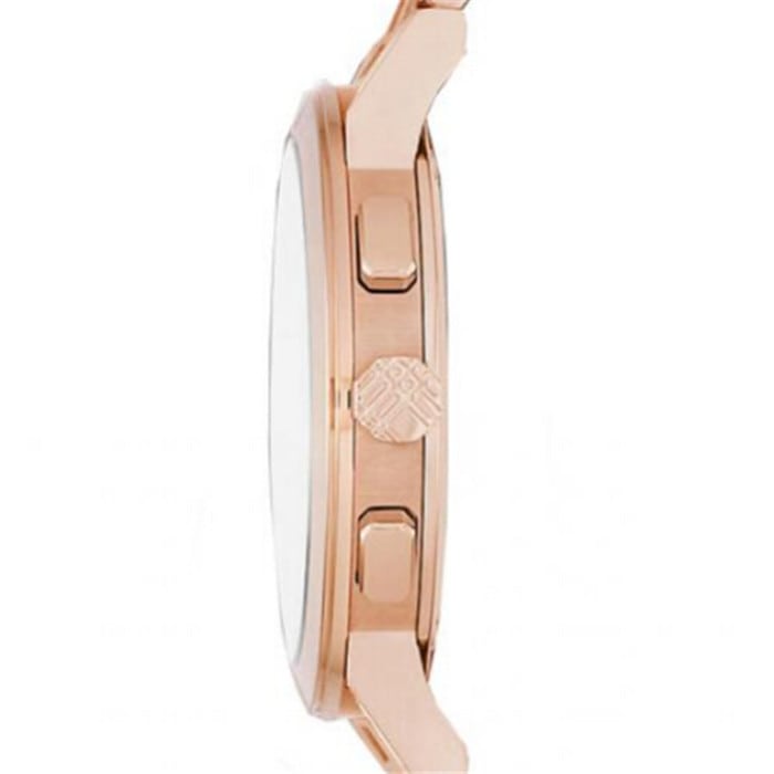 Side view of rose gold stainless steel case and bracelet with Burberry logo on crown