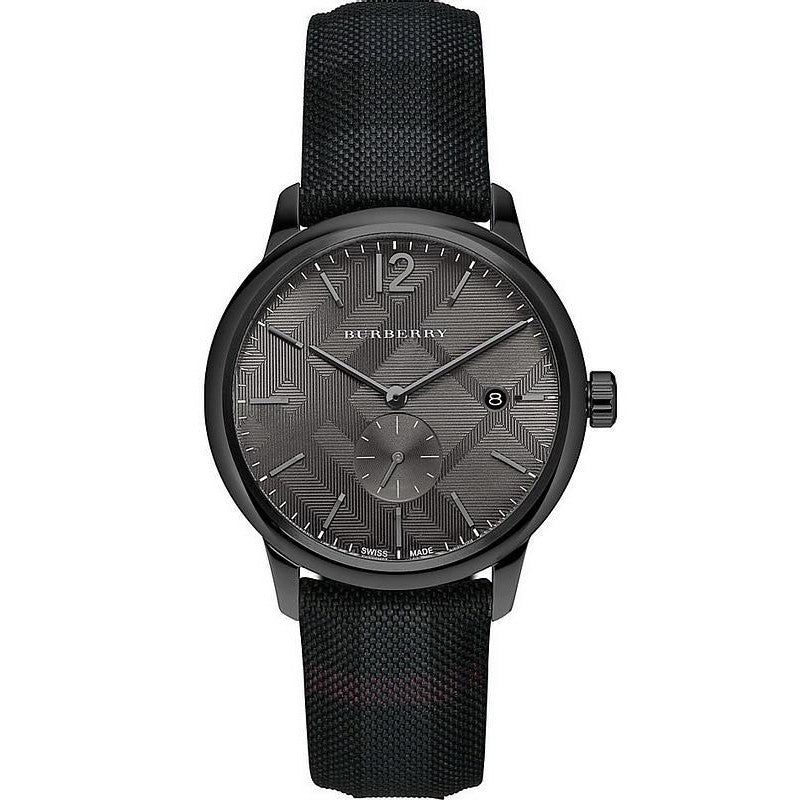 Burberry BU10010 men's watch with black check-stamped dial and black leather strap
