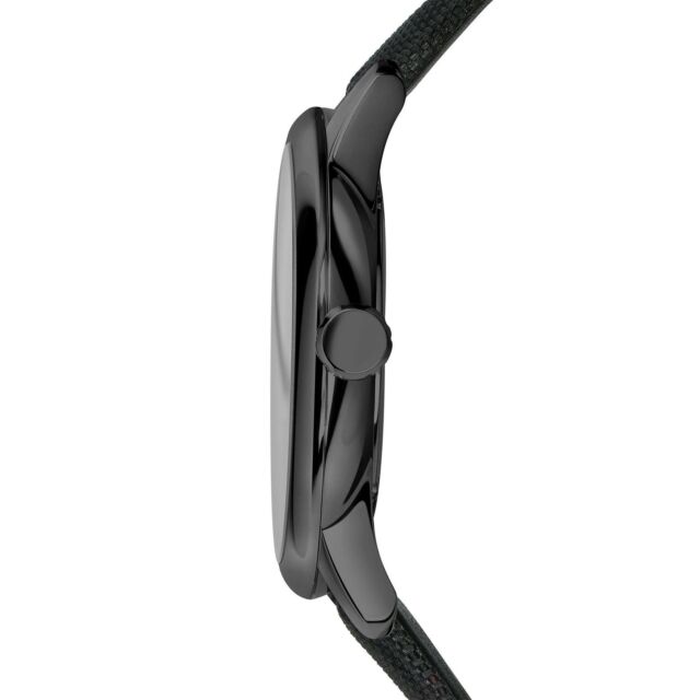 Side profile of Burberry BU10010 watch showing black case and leather strap