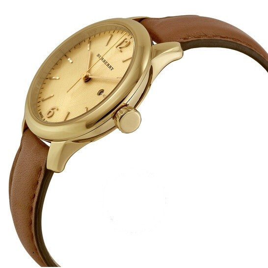 Burberry BU10101 watch angled view showing gold-tone case and leather strap