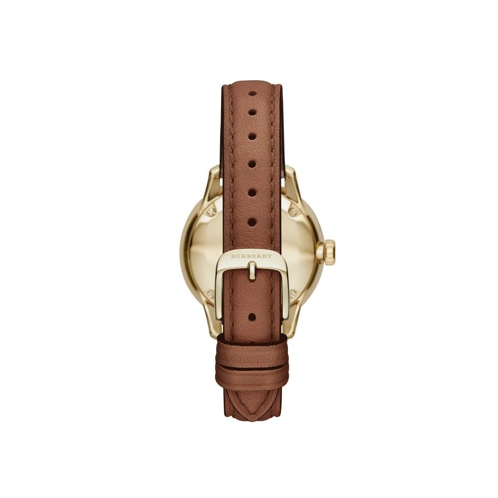 Burberry BU10101 watch caseback and brown leather strap detail