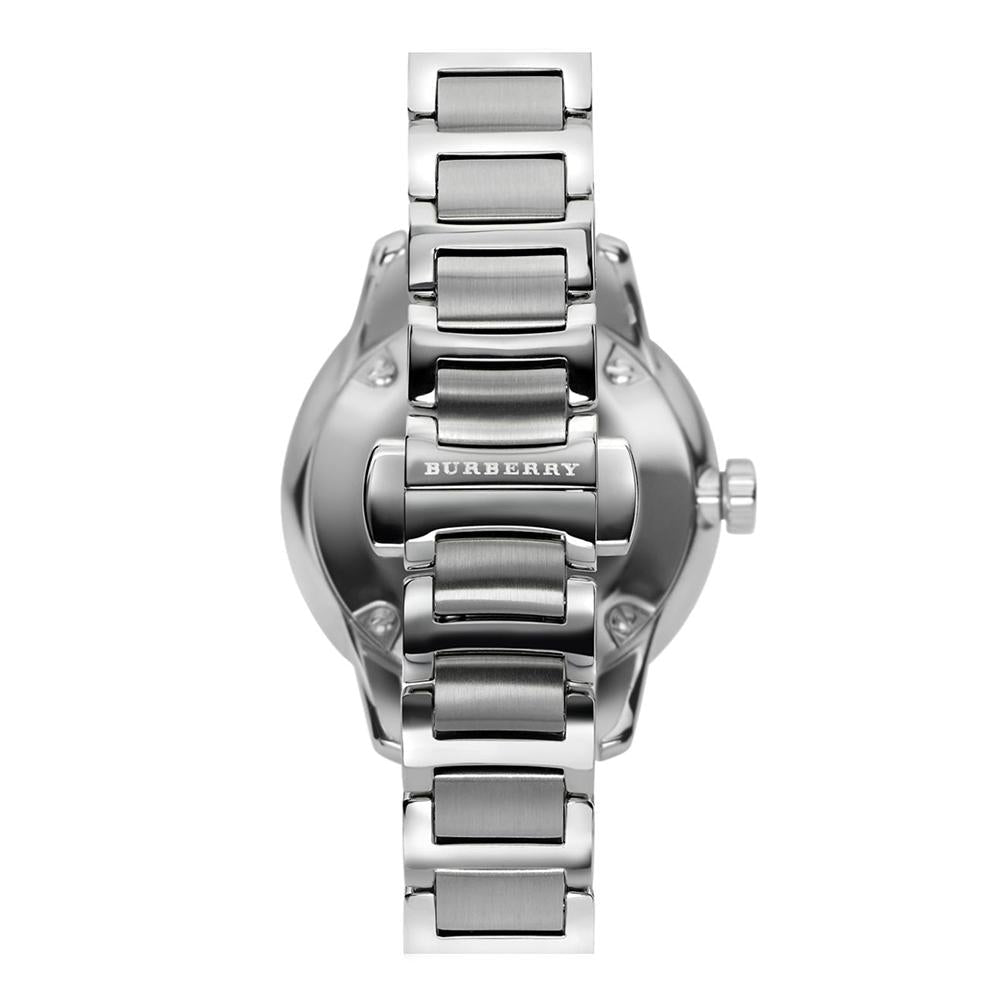 Rear view of Burberry BU10111 watch showing caseback and silver bracelet