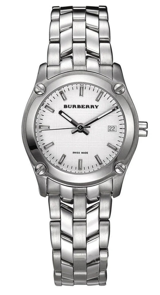 Burberry Heritage Check women's watch with white dial and silver steel bracelet, front view
