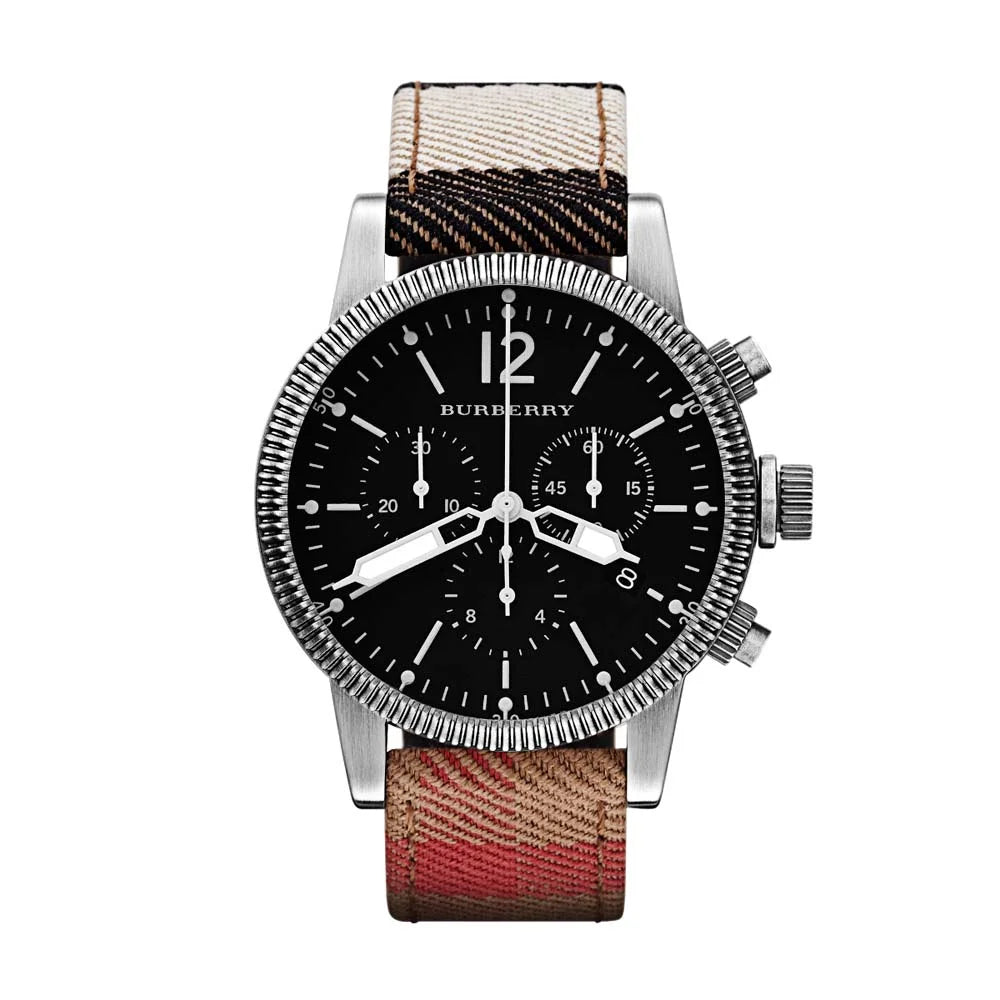 Burberry BU7815 chronograph watch with black dial and tri-tone leather strap